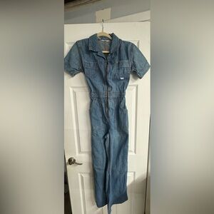 March 1 womens denim zipup wideleg jumpsuit coverall size 11 12 distressed vinta